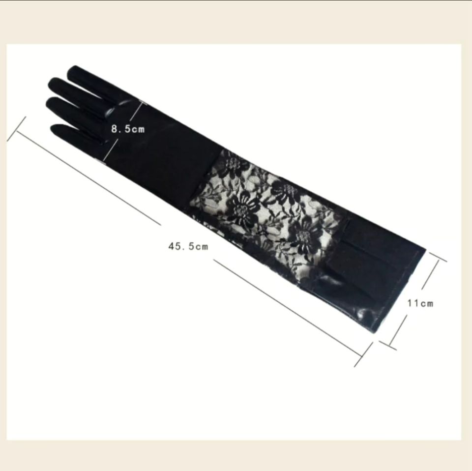 Gotik Siyah Suni Deri Dantelli Uzun Eldiven 45 cm