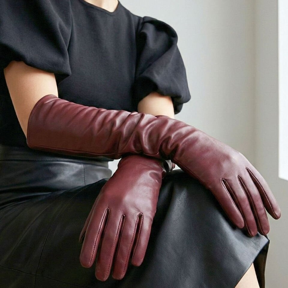 Matmazel Bordo Renk Pu Deri Eldiven 50 cm