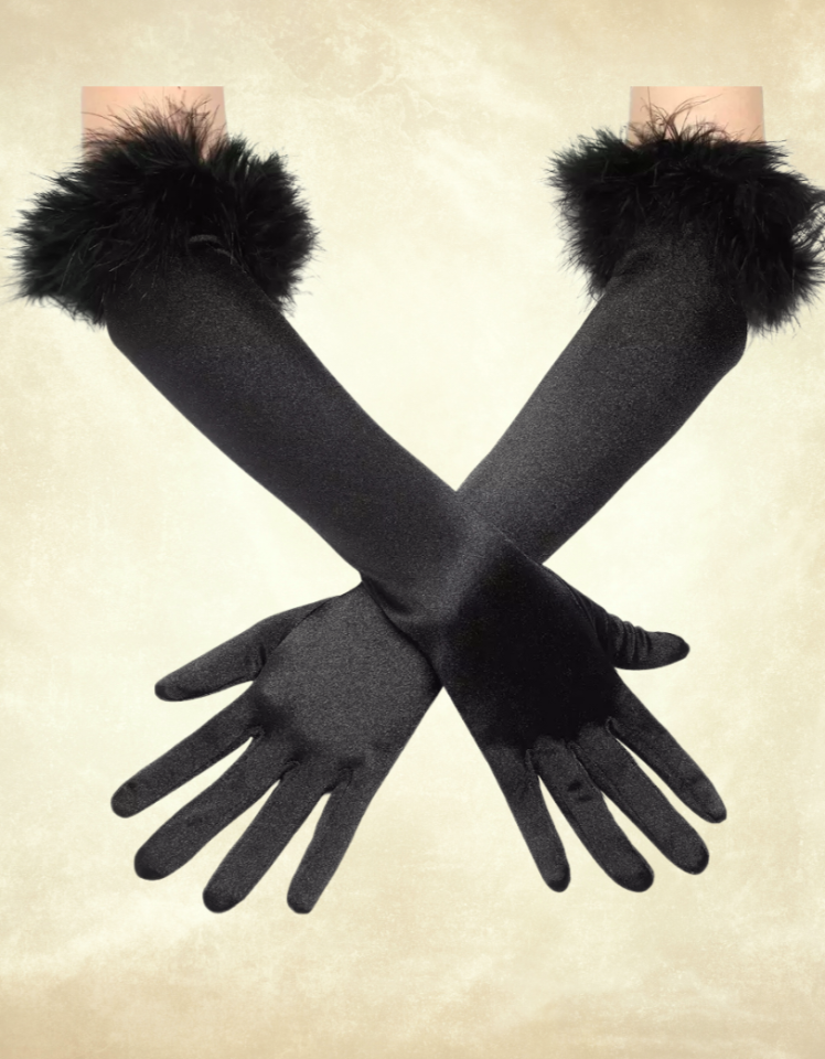Opera Siyah Renk Tüylü İpek Saten Eldiven 44 cm