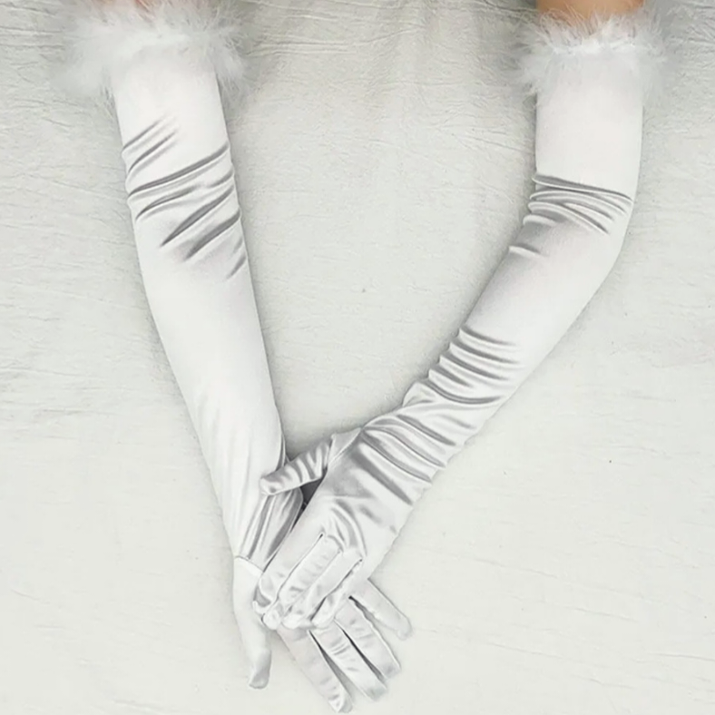 Opera Beyaz İpek Saten Tüylü Uzun Eldiven 53 cm