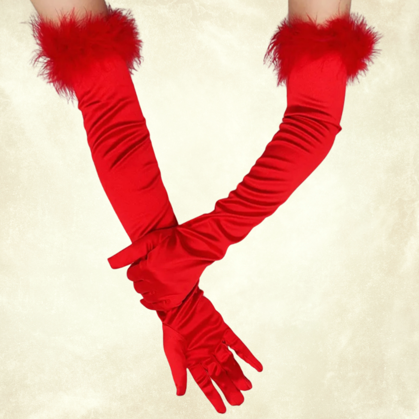 Opera Kırmızı İpek Saten Tüylü Uzun Eldiven 44 cm