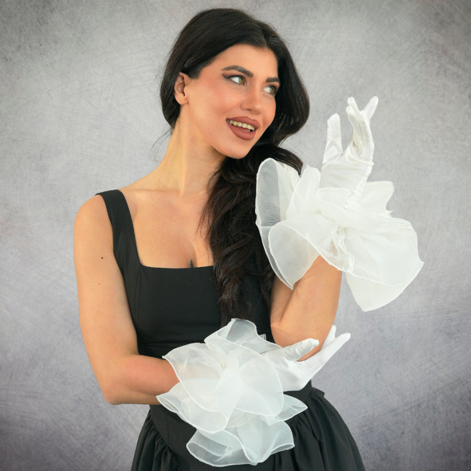 Prenses Beyaz Renk Volanlı Eldiven 35 cm