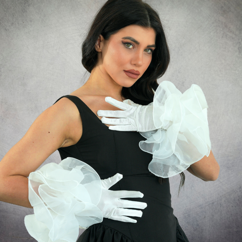 Prenses Beyaz Volanlı Eldiven 35 cm