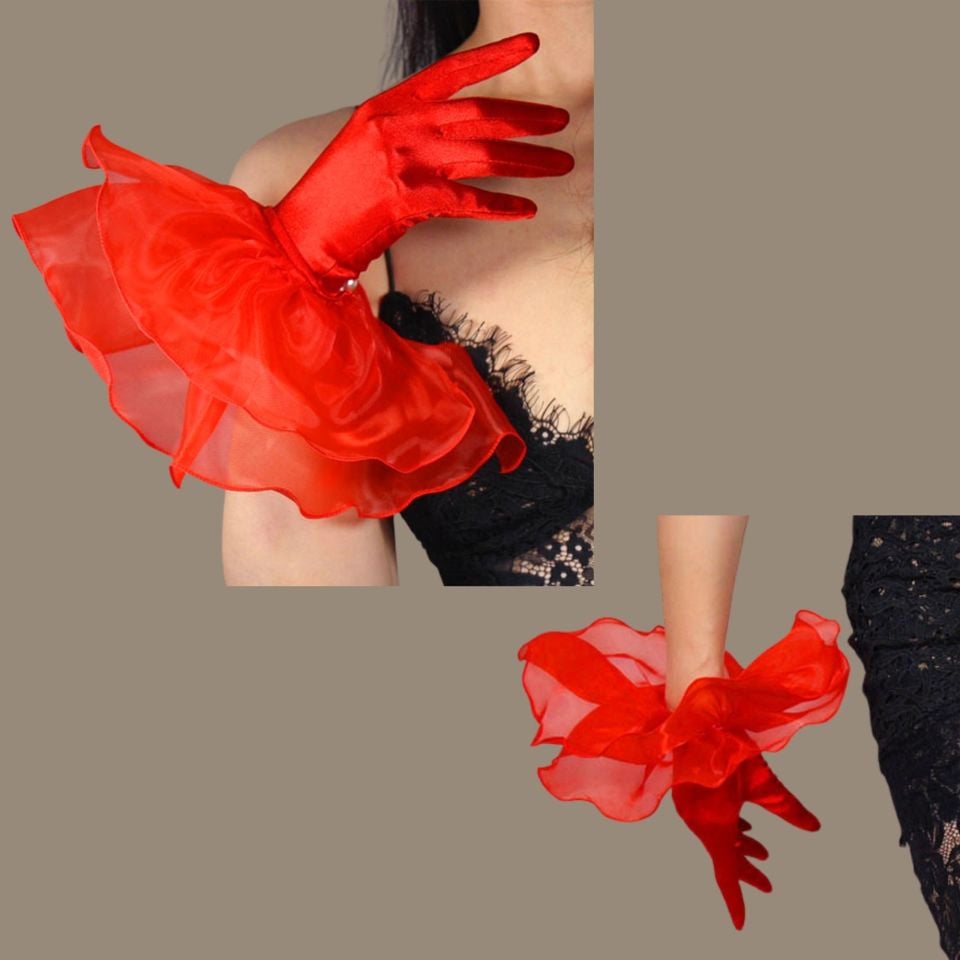 Prenses Kırmızı Volanlı Eldiven 35 cm