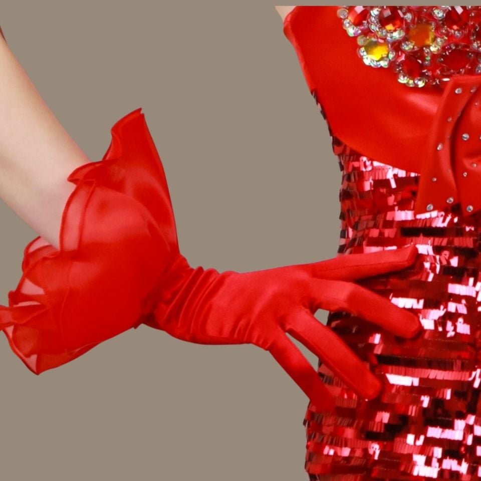 Prenses Kırmızı Volanlı Eldiven 35 cm