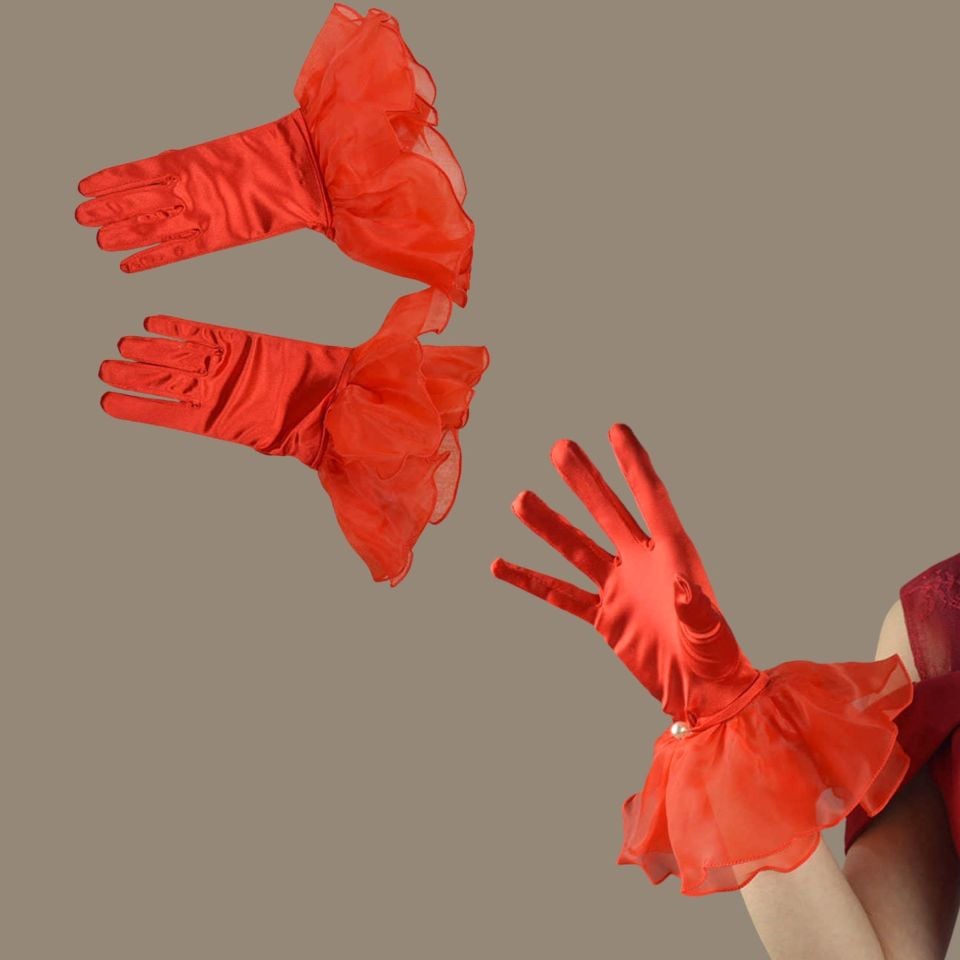 Prenses Kırmızı Renk Volanlı Eldiven 35 cm