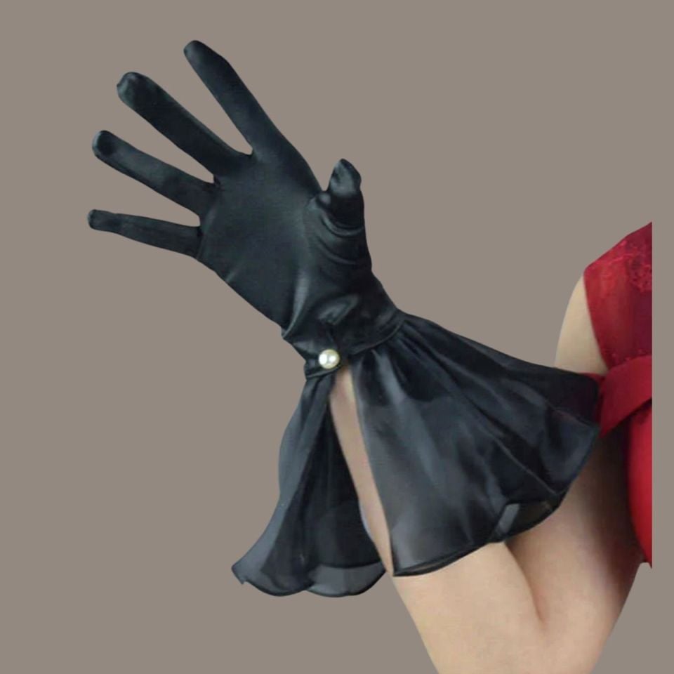 Prenses Siyah Renk Volanlı Eldiven 35 cm