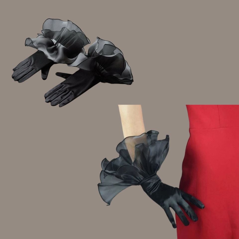 Prenses Siyah Renk Volanlı Eldiven 35 cm