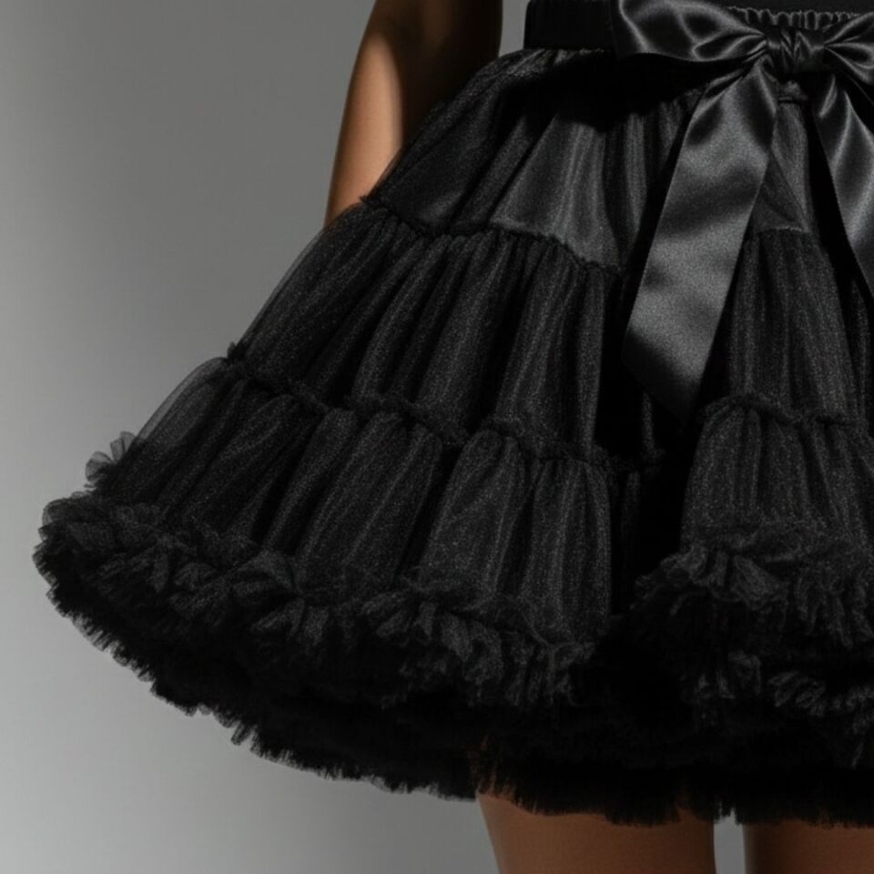 Lady Siyah Renk Ucu Volanlı Jüpon Etek 50 cm