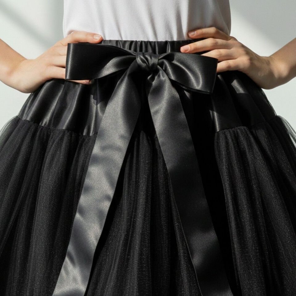 Lady Siyah Renk Ucu Volanlı Jüpon Etek 65 cm